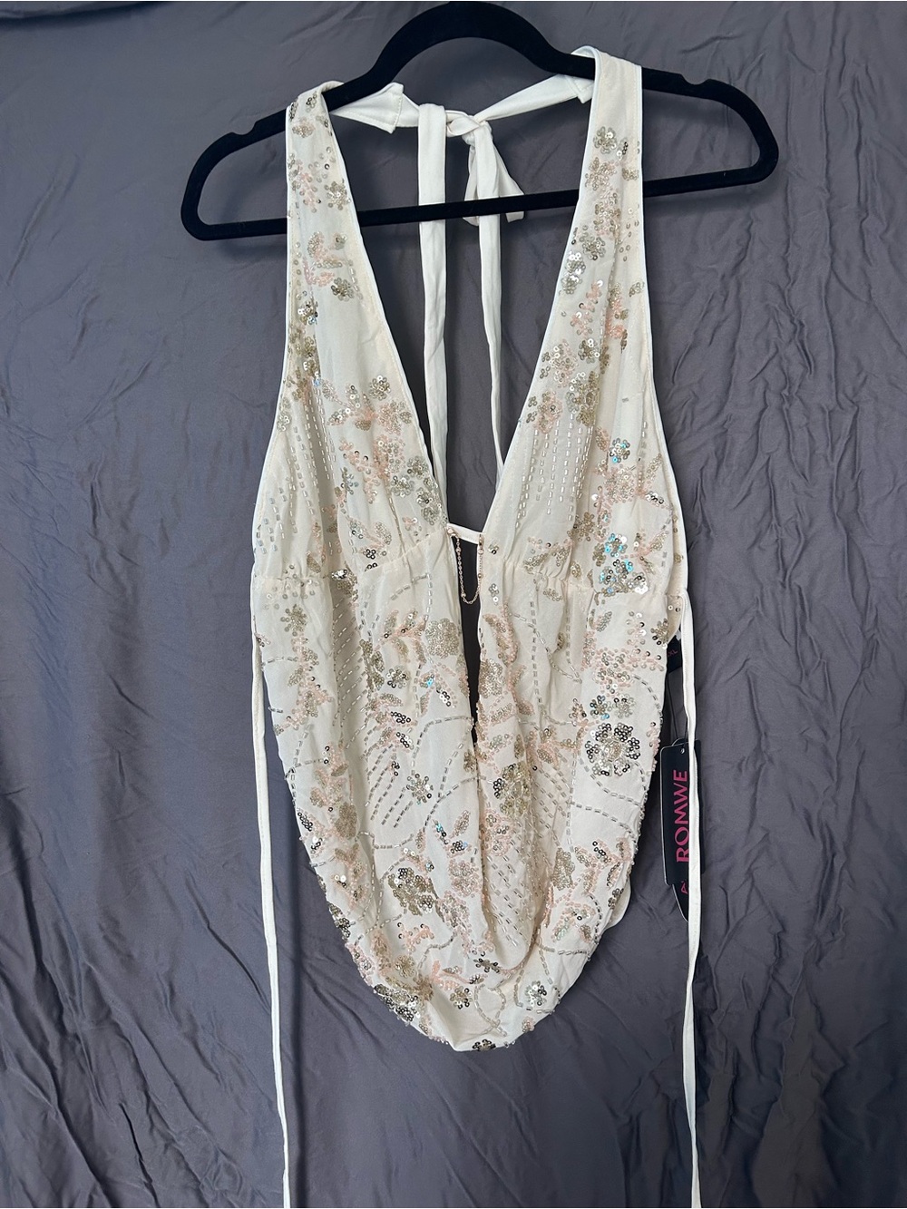 ROMWE Ivory Beaded Halter Camisole